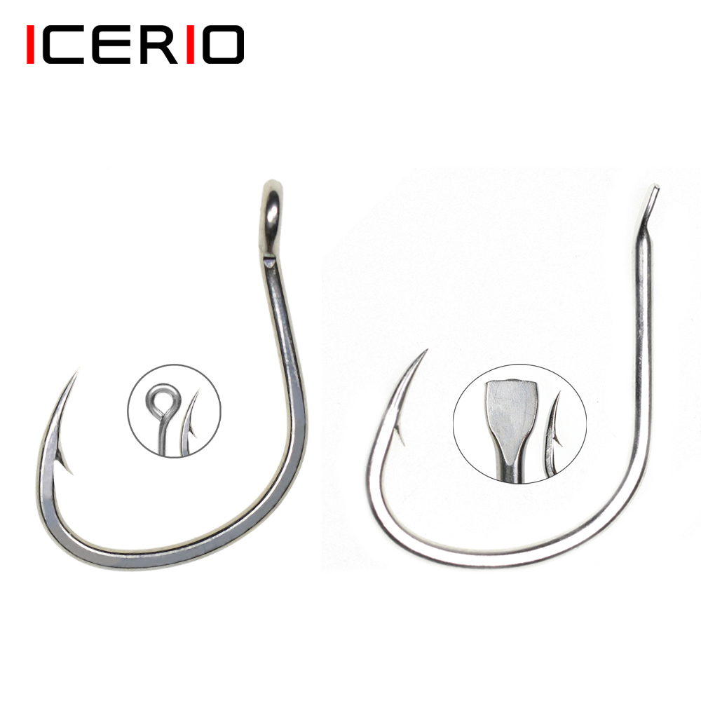 Fishing Hook Offset - ICERIO製、10個入り、マット仕上げの錫コーティング、防食加工、海水魚用、シャベル型の先端を持つハンドルデザイン、アシストジギング用ルアーに最適なフック、サイズ1/0～5/0。 #