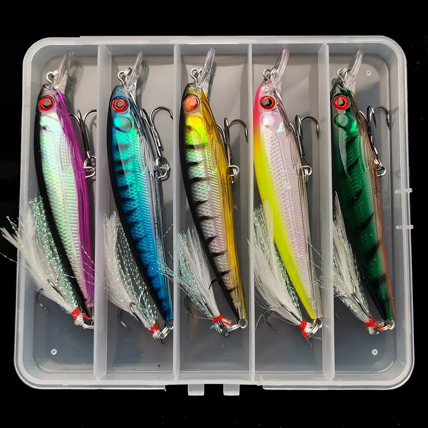 Fishing Hook Treble - 3Dレーザーアイミノールアー,フェザー付きハードベイト,最大キャッチ,5ピース/箱,13.3g/6.8g