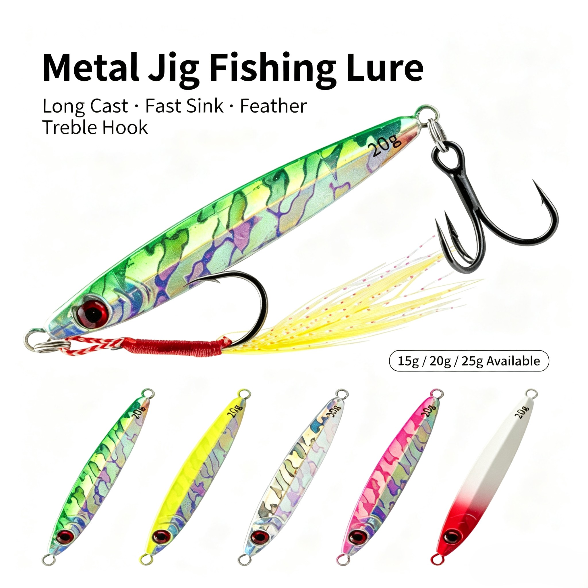 Fishing Hook Treble - 3個入り メタルジグ ルアーセット。非対称型で沈降速度が速く、羽根付きのトリプルフックが付いています。15g、20g、25gの3種類。海水・淡水両方で使用可能。